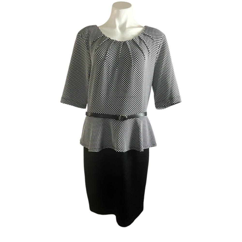 Connected Black and White Polka‎ Dot Belted Zip Back Peplum Dress